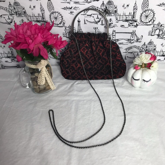 Vintage Handbags - Vintage Black & Red Beaded Evening Bag